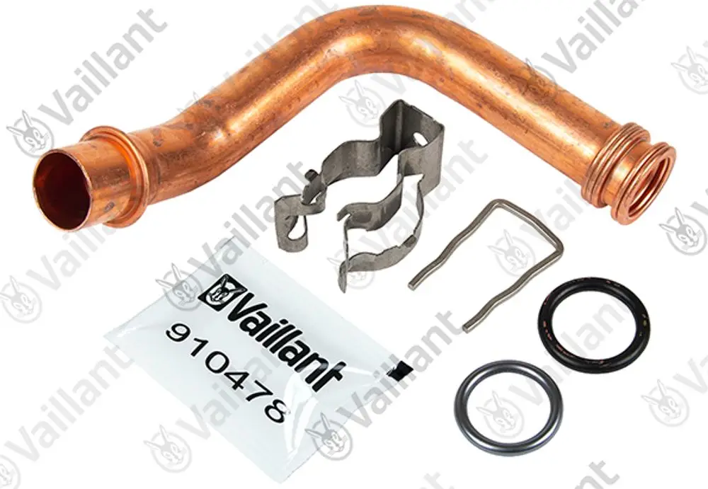 Vaillant Rohr mit gebogenem Ende, montiert mit Halteclip und Dichtungen in verschiedenen Größen. Zubehörteile für die Installation sind ebenfalls abgebildet.